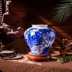 Bình cắm hoa men lam vẽ cá chép hoa sen BVL4